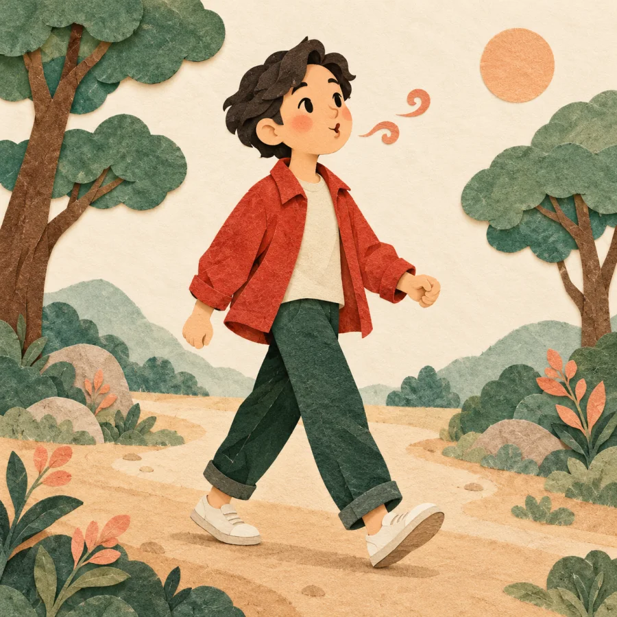 A cheerful person walks along a path whistling