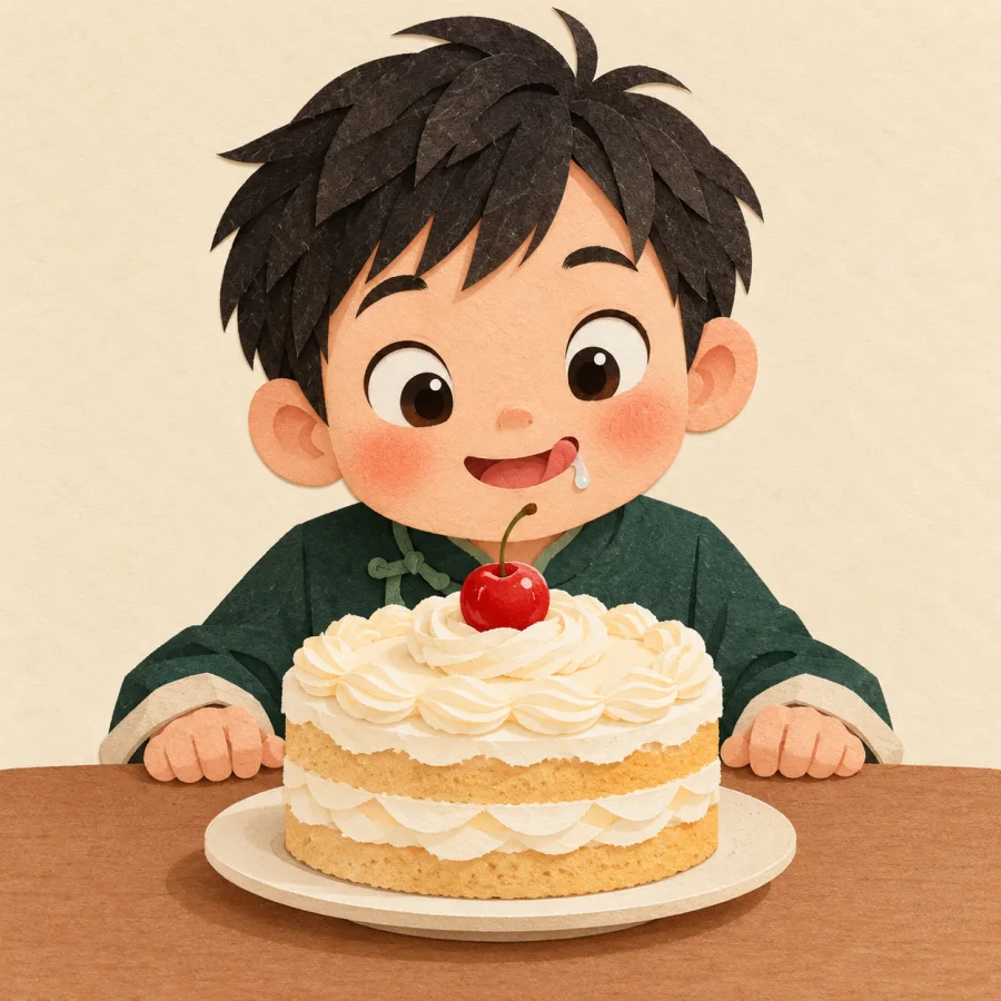 A hungry child eyes a big cake with a drop of drool