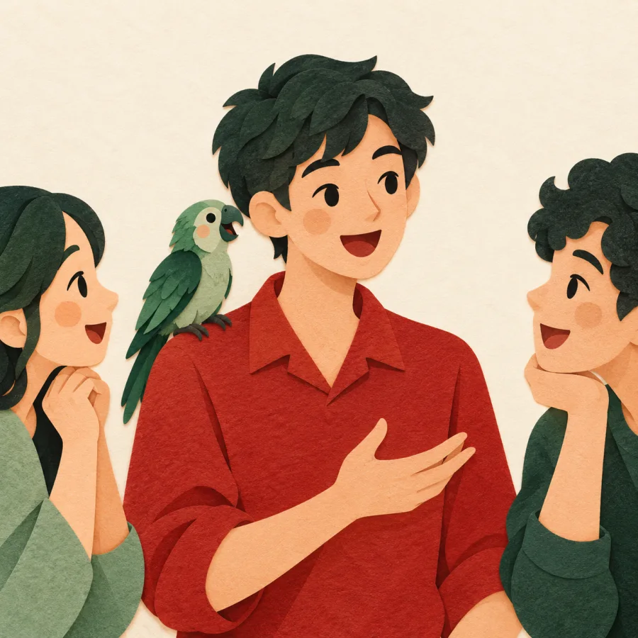 A person chats with friends while a parrot on the shoulder repeats