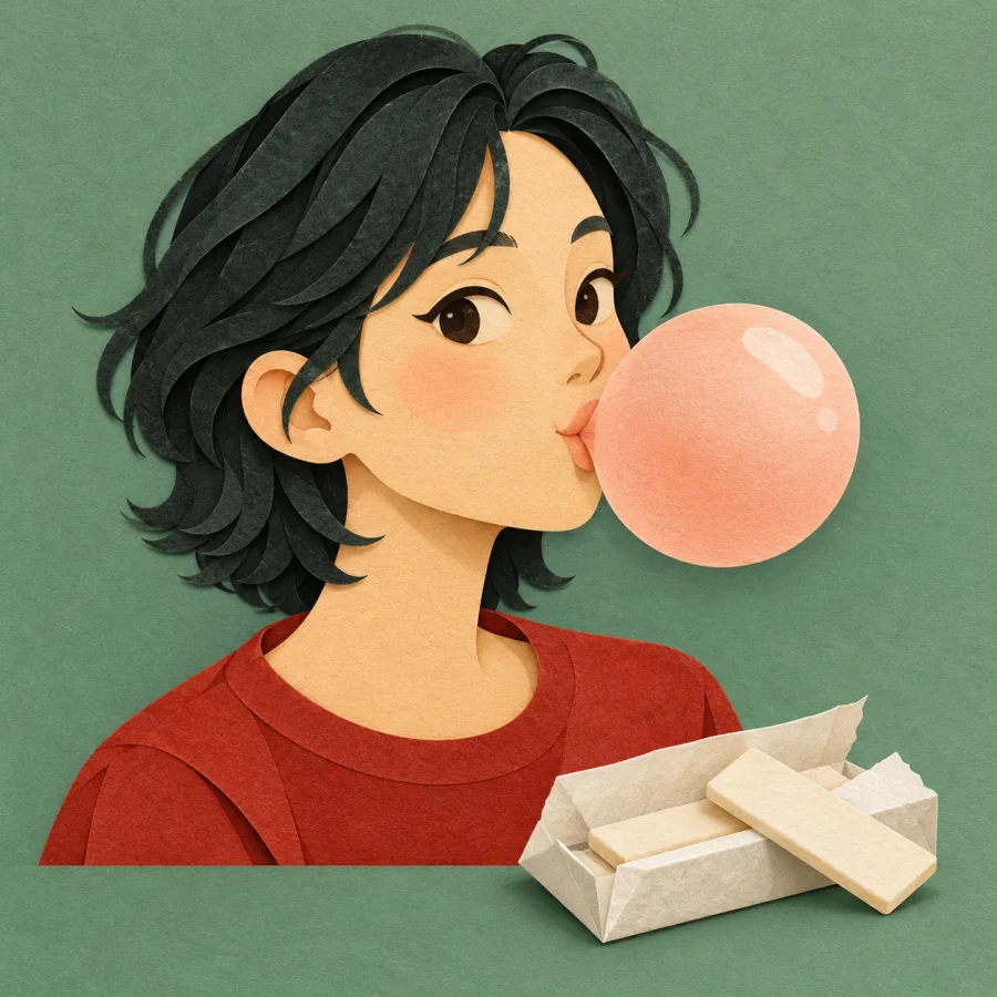 A person blows a big bubble of chewing gum