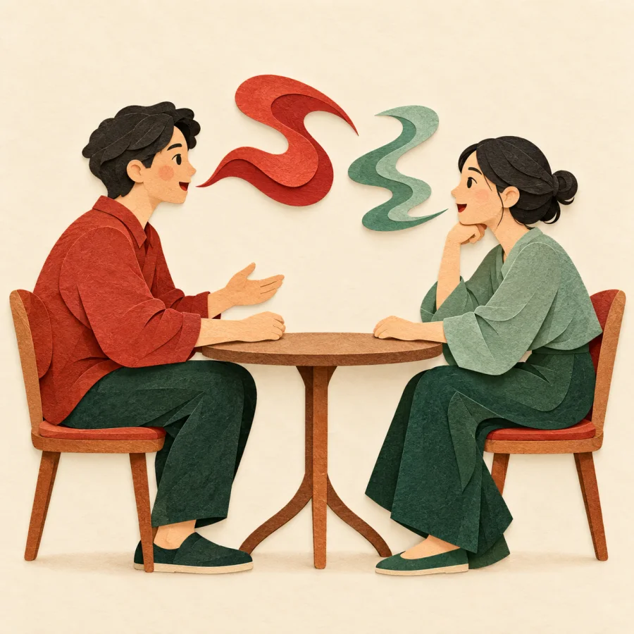 Two people talk at a table, their speech shown as different wavy lines