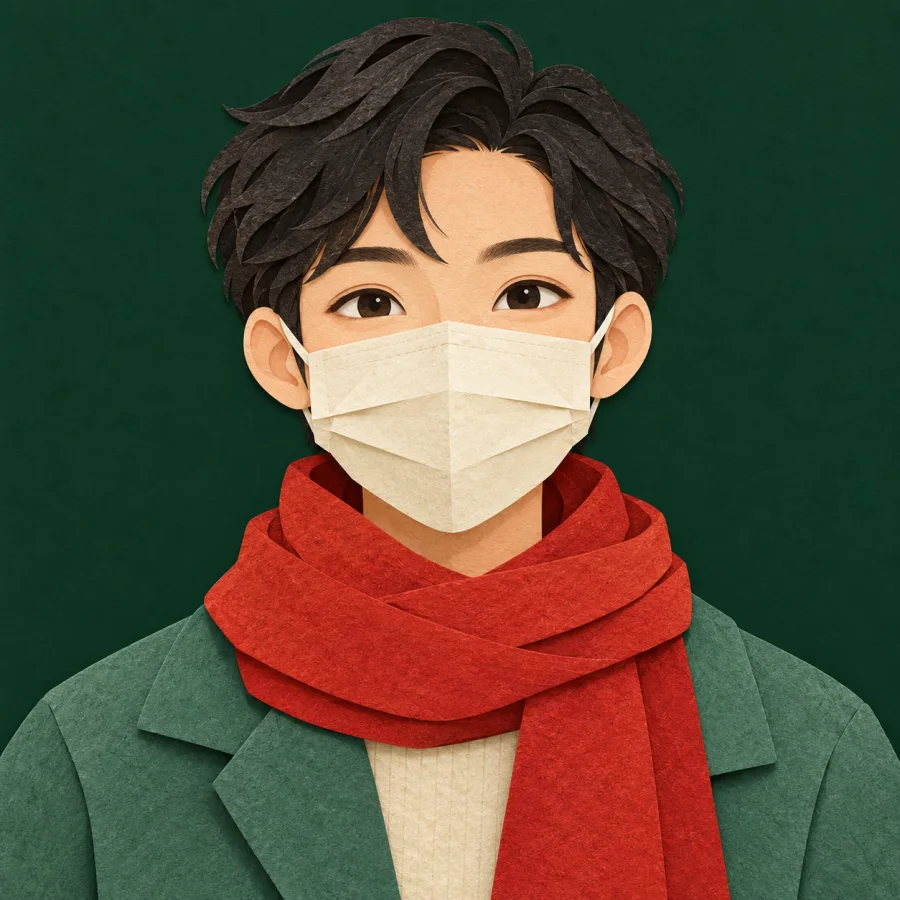 A person wearing a plain face mask and a red scarf