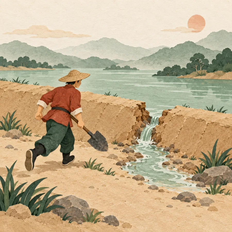 A worker with a shovel hurries to a breach in a river bank