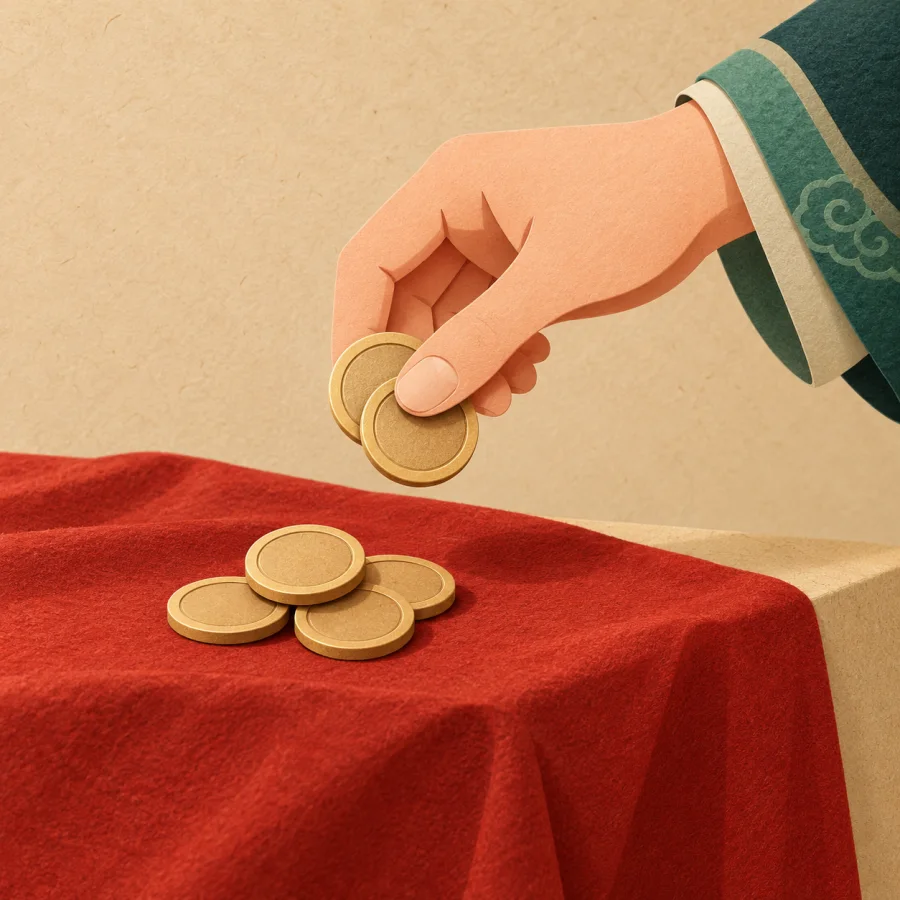 A hand takes a few coins from a pile on a table