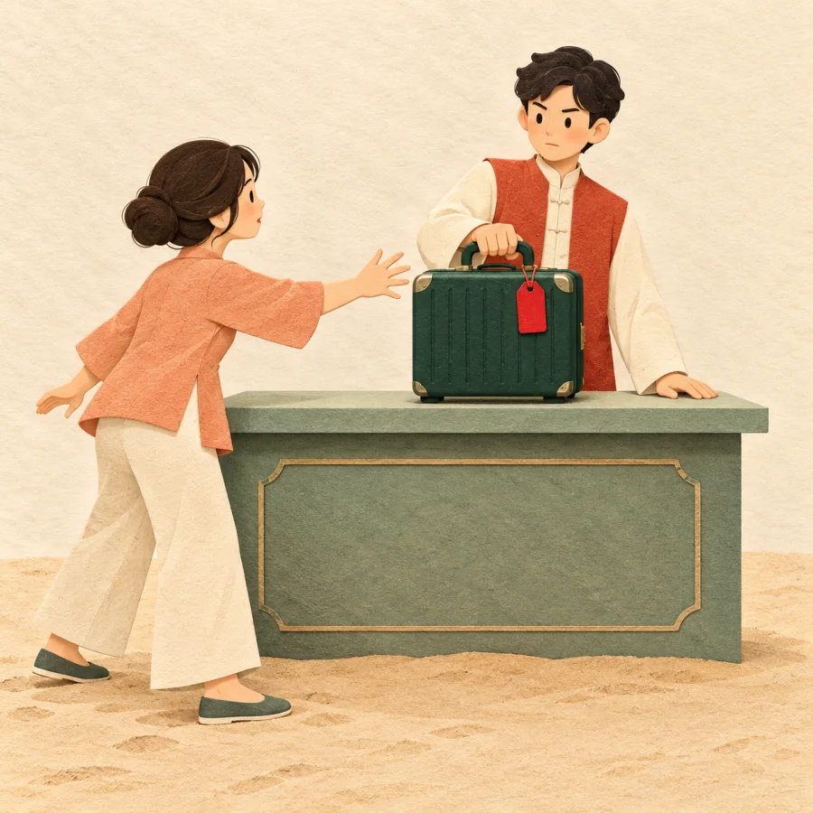 A clerk behind a desk holds back a closed suitcase