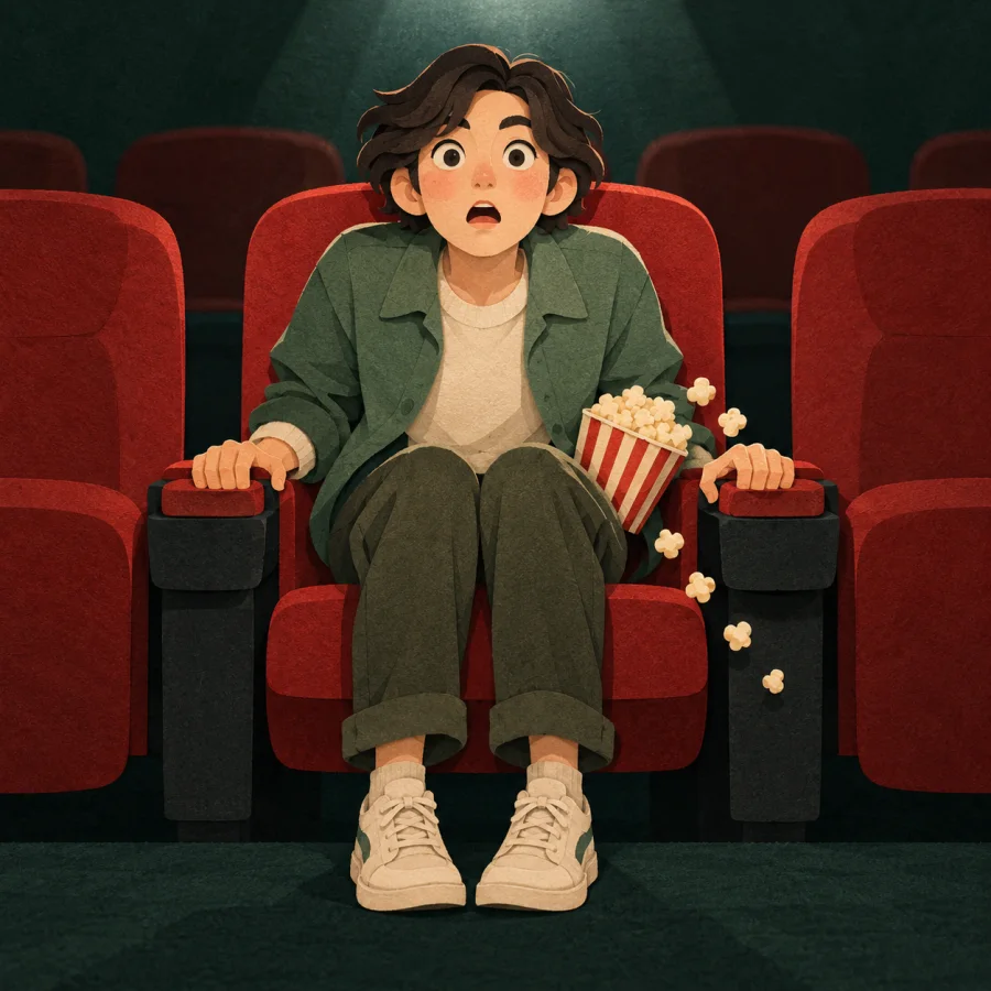 A viewer in a dark cinema grips the armrests