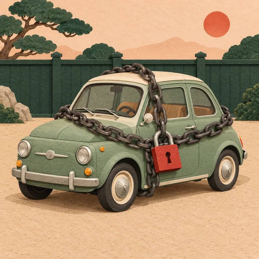 A chain with a red padlock wraps around an old car
