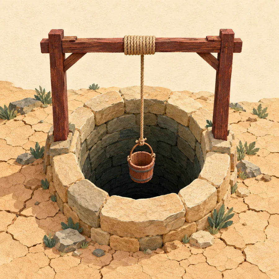 A dry well with a bucket on a rope in cracked ground