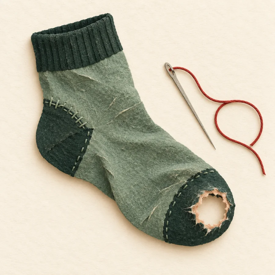 An old sock with a big hole and a needle with red thread
