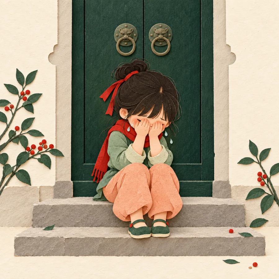 A child sits on a doorstep crying with face in hands
