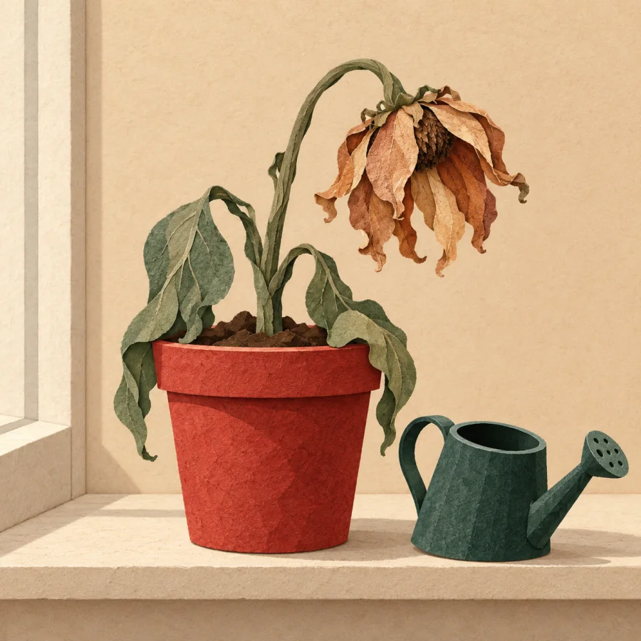 A wilted flower in a red pot beside an empty watering can