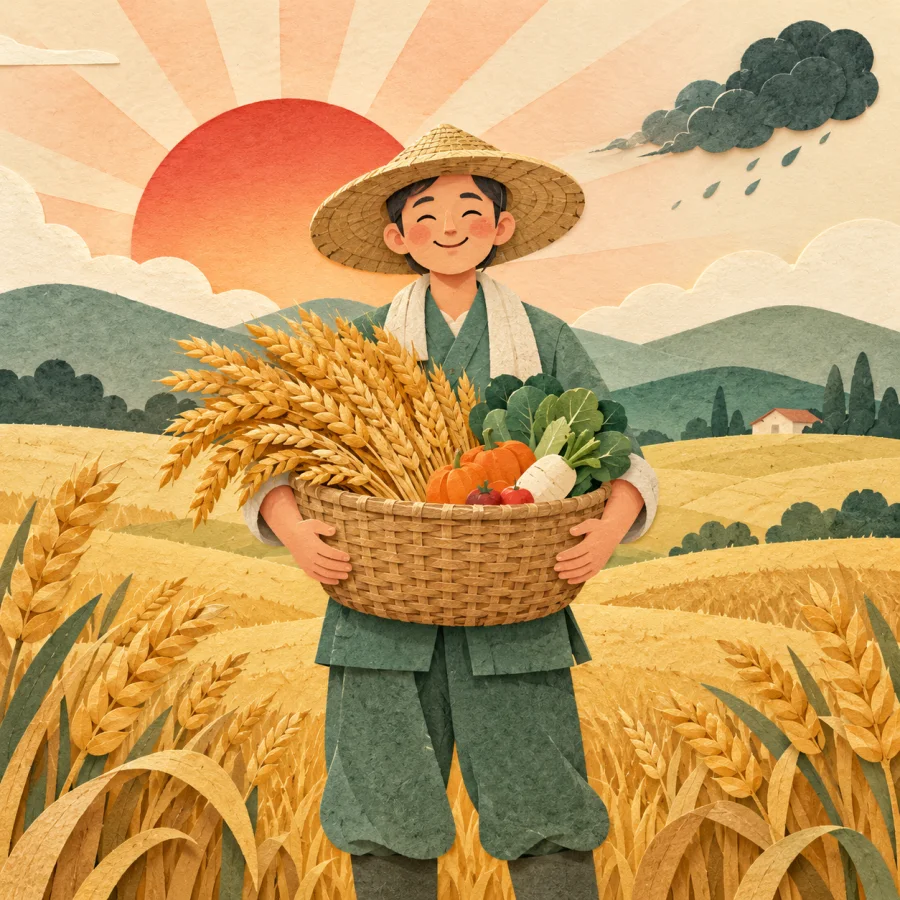 A farmer with a full harvest basket in a golden field at sunrise