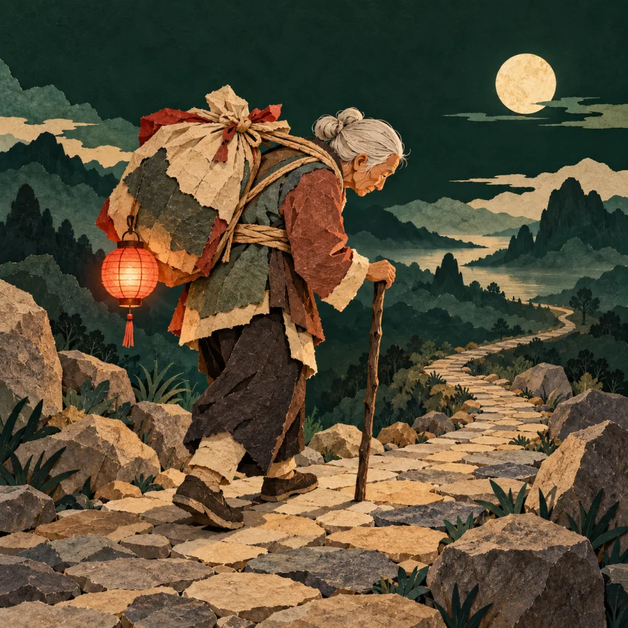 A bent old person with a cane and bundle trudges a stony road