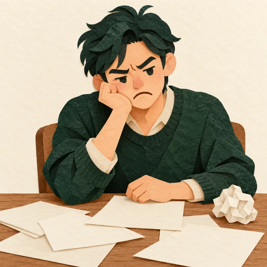 A person frowns with chin on hand over papers on a desk