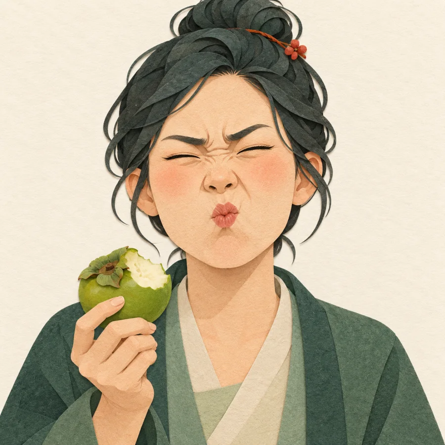 A person puckers the face after biting an unripe persimmon