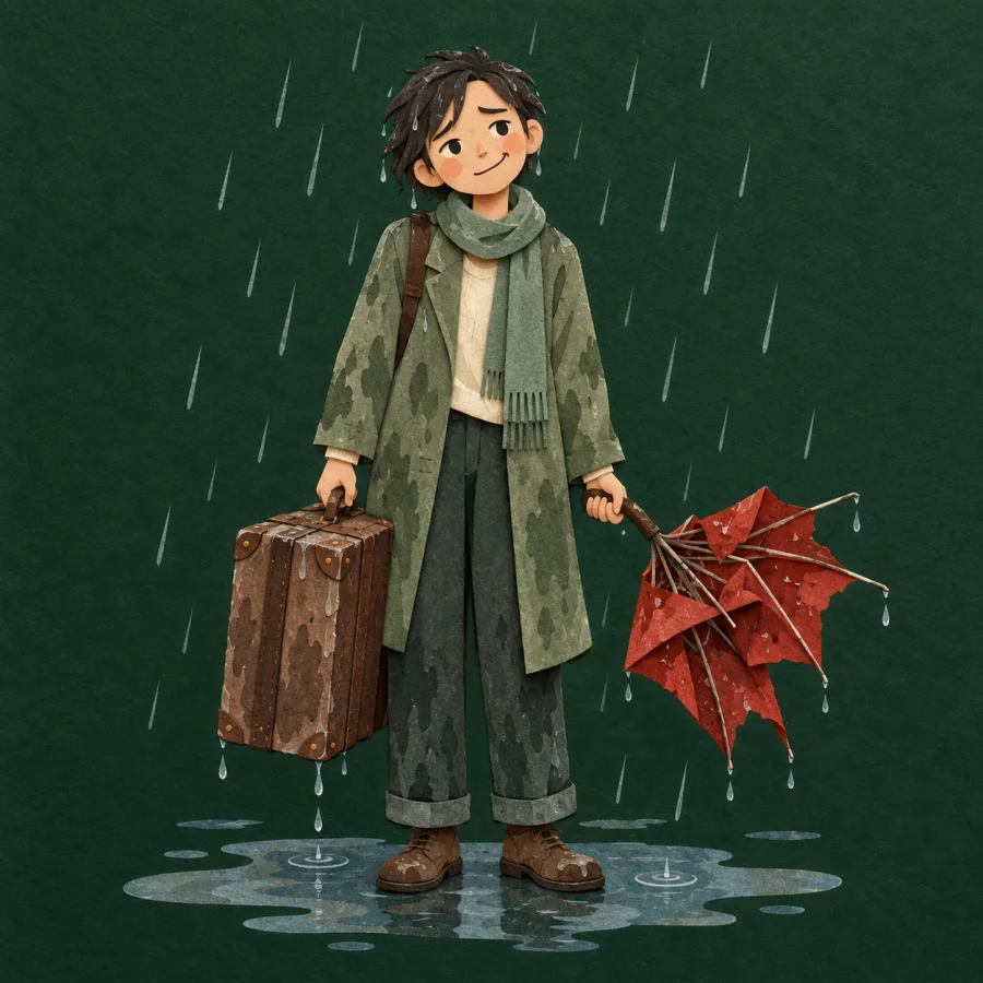 A person in the rain with a soaked suitcase gives a helpless smile