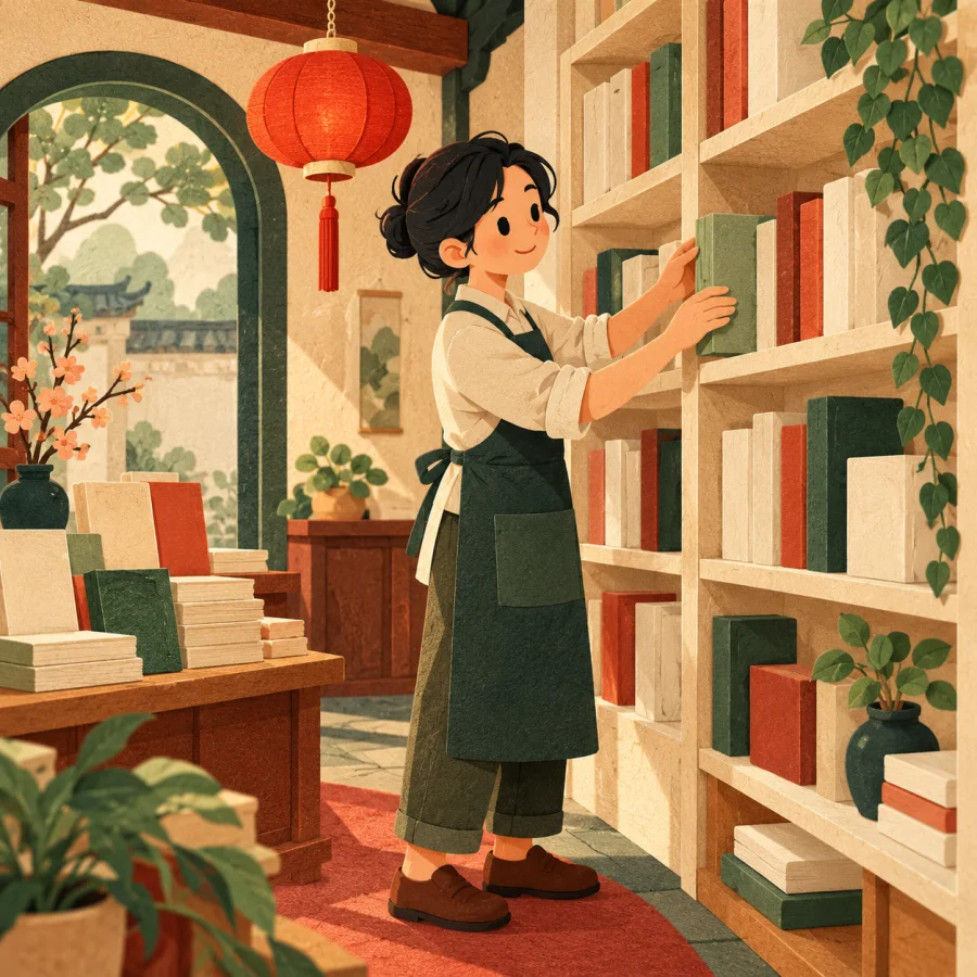 A shopkeeper carefully arranges books on shelves