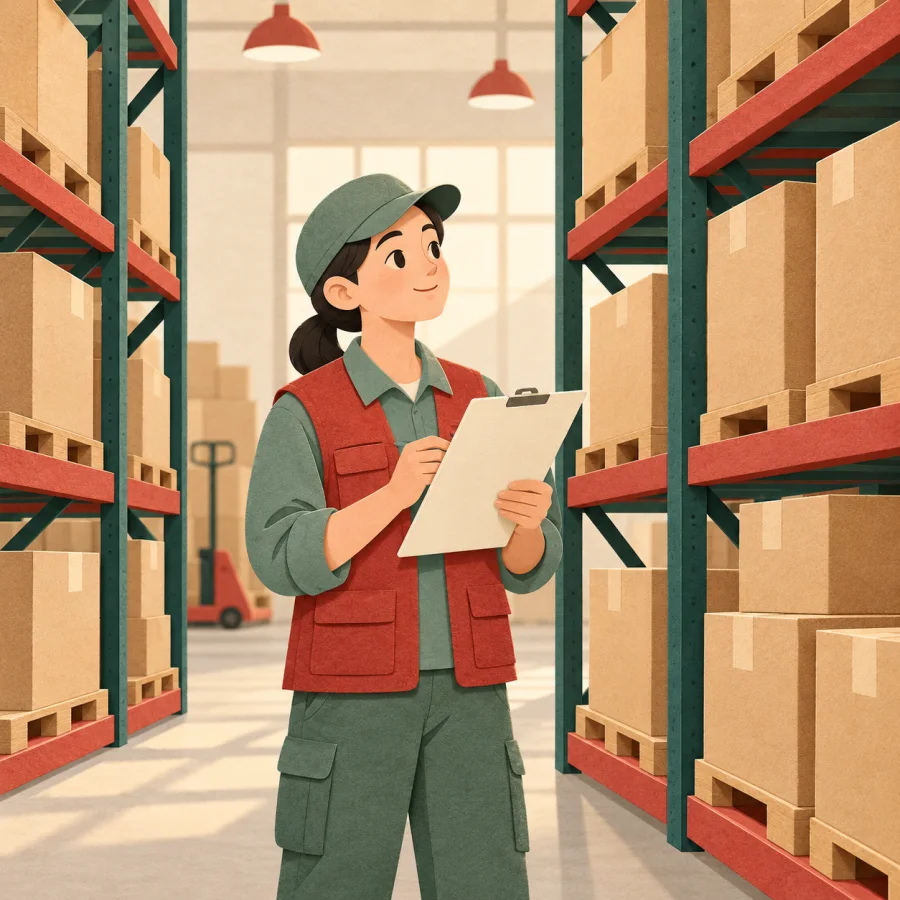 A warehouse with tall shelves of boxes and a worker with a clipboard