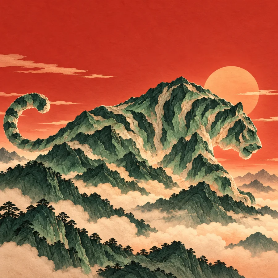 A mountain ridge shaped like a crouching tiger