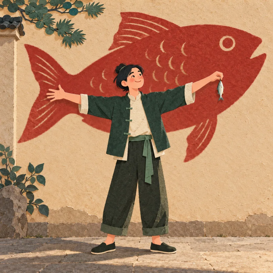 A person holds a tiny fish beside a huge fish shadow