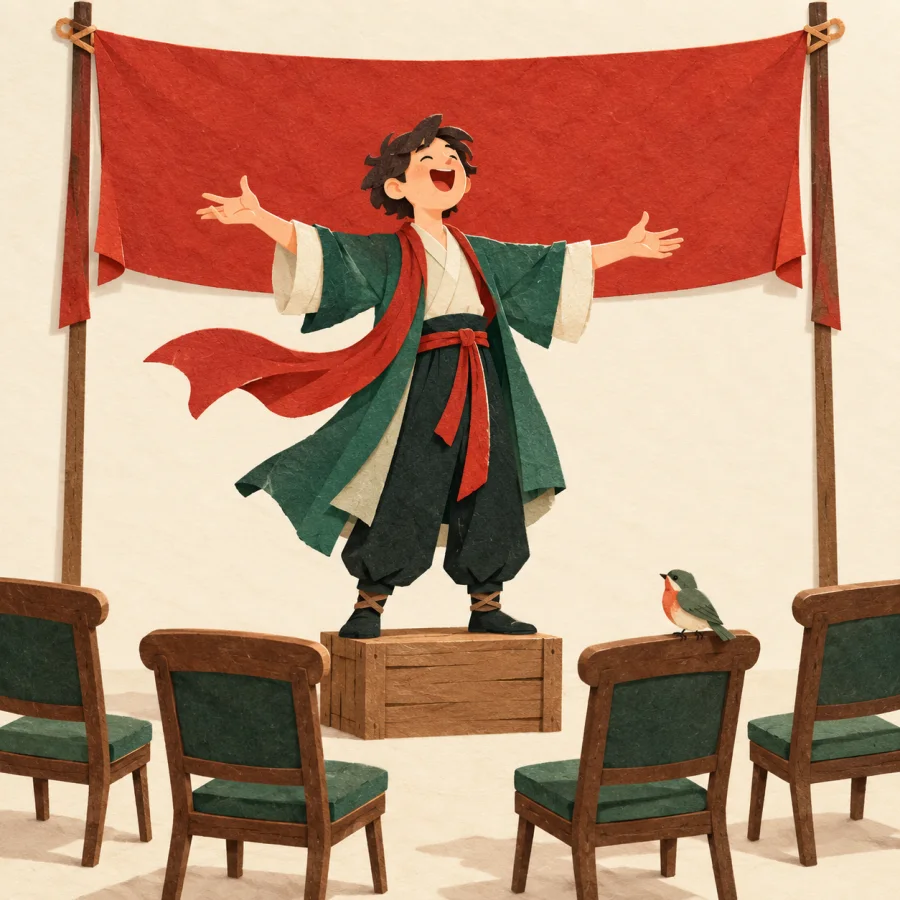 A person with arms wide gives a speech to a single small bird