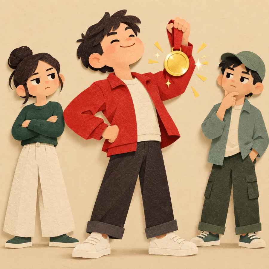 A person proudly shows a gold medal to unimpressed friends