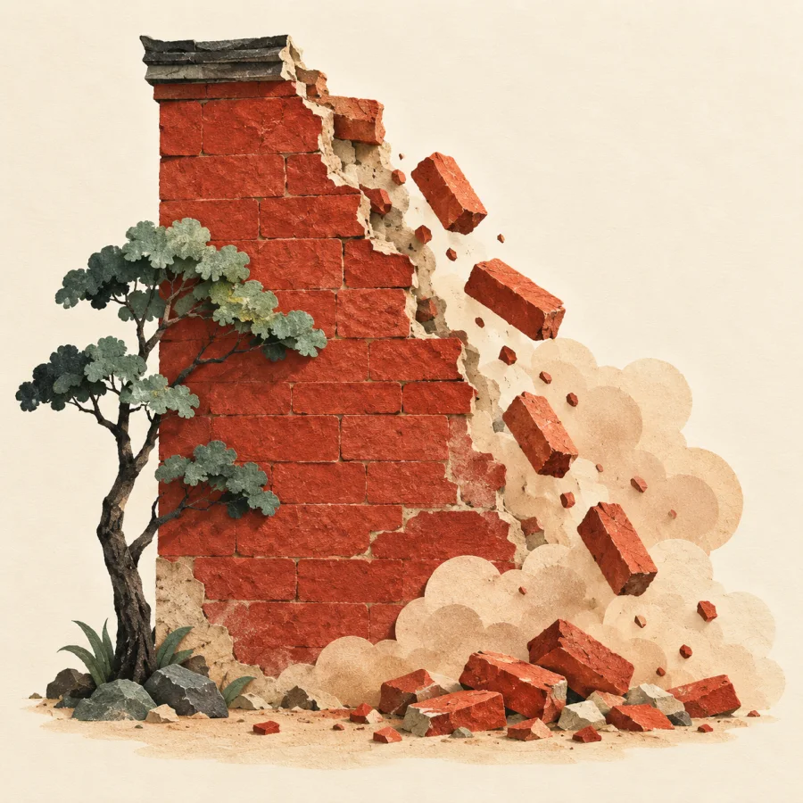 The top of an old brick wall crumbles in a cloud of dust