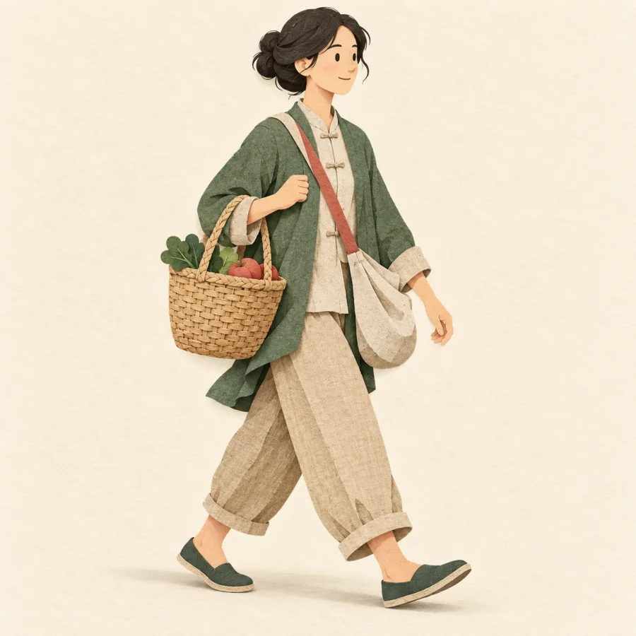 A person with a basket on the arm and a bag over the shoulder