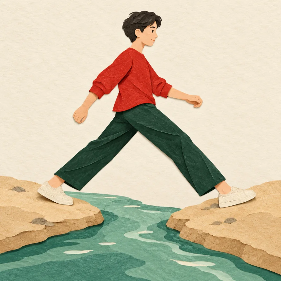 A person takes a big stride over a small stream