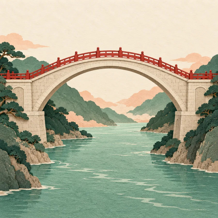 A long arched bridge spans a wide river valley