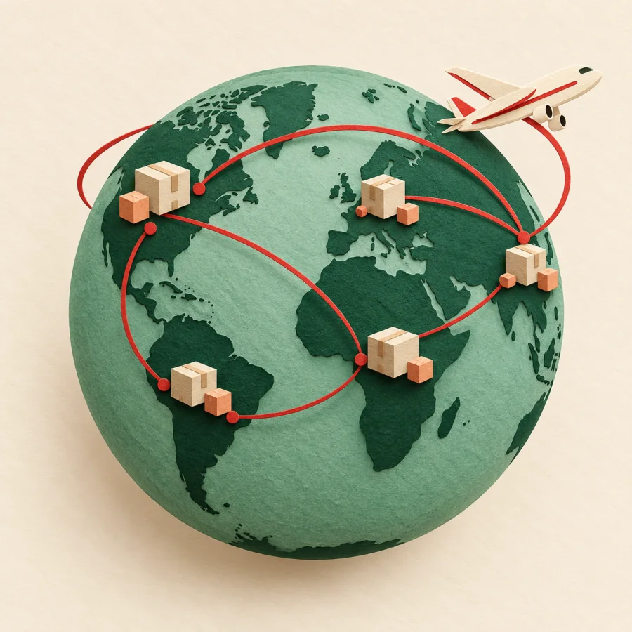 A globe with parcels and a plane flying between continents