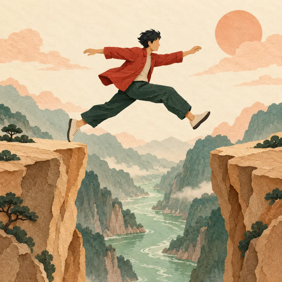 A person leaps across a gap between two cliffs