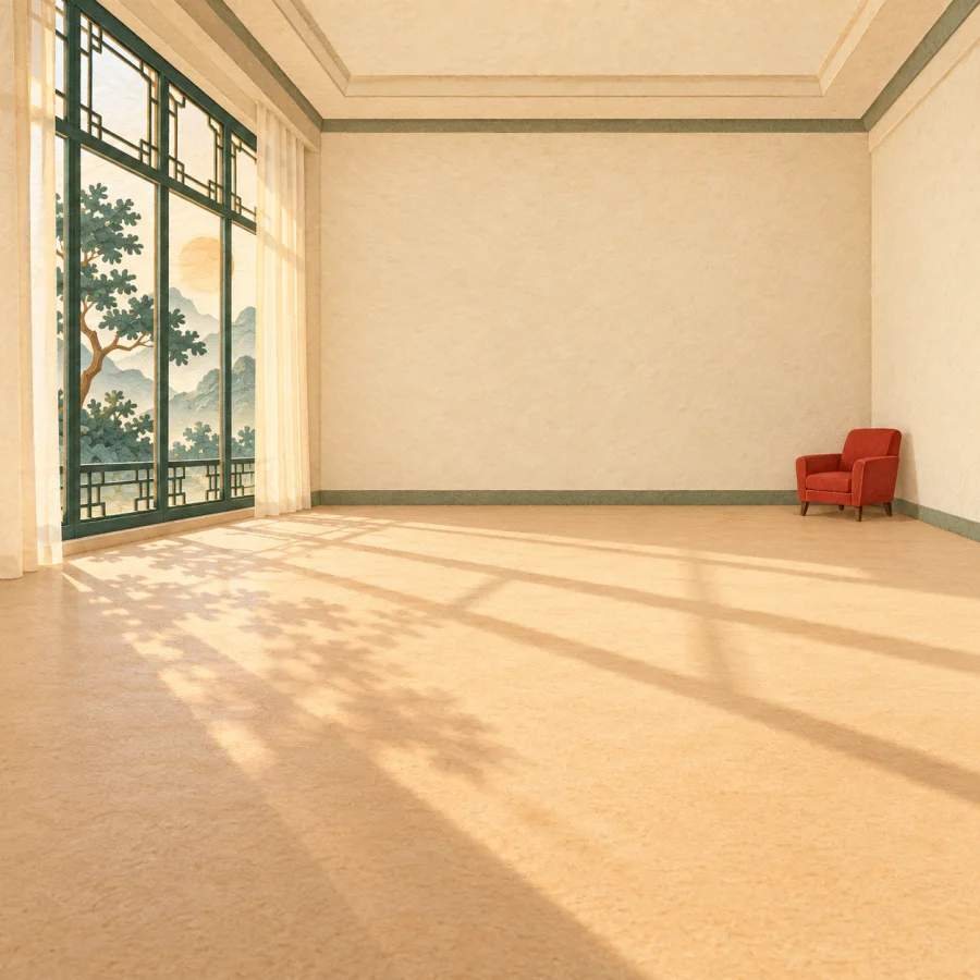 A large bright room with a single armchair