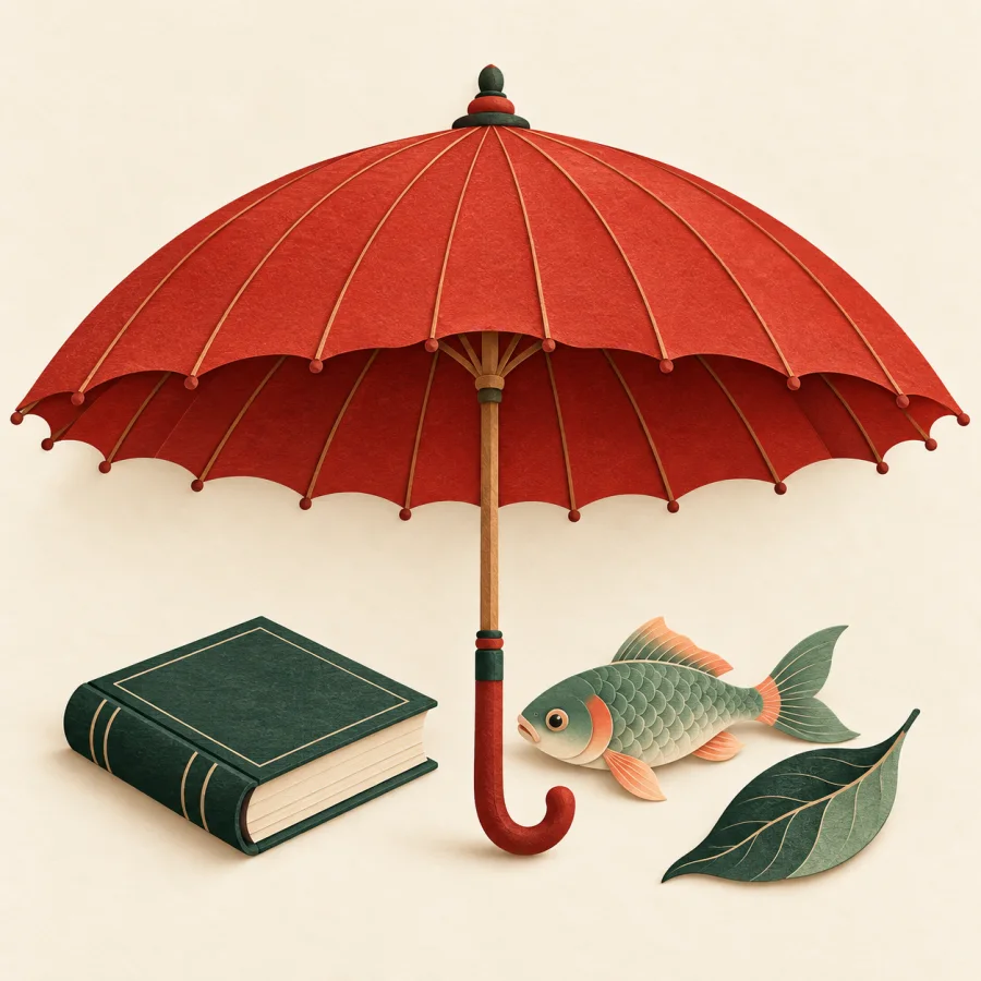 A wide red umbrella over a pile of different small things