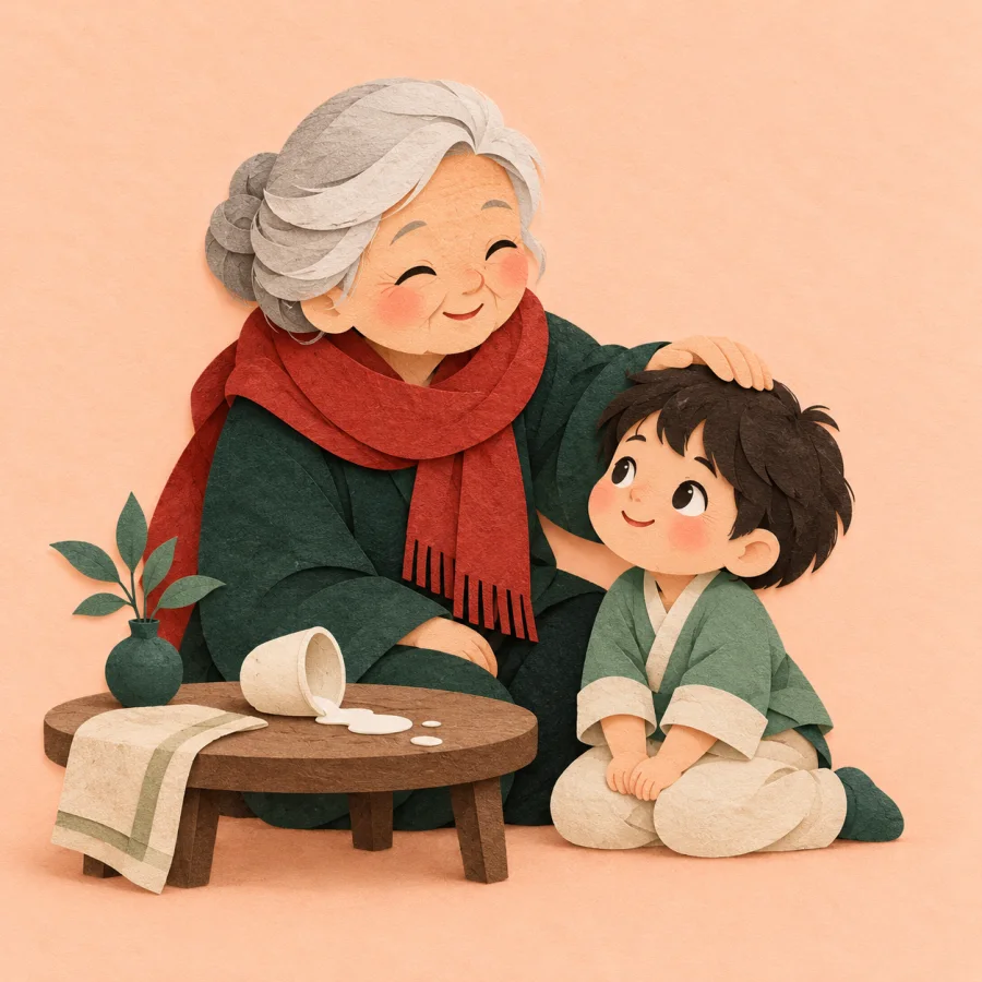 A kind elder pats a child beside a knocked-over cup
