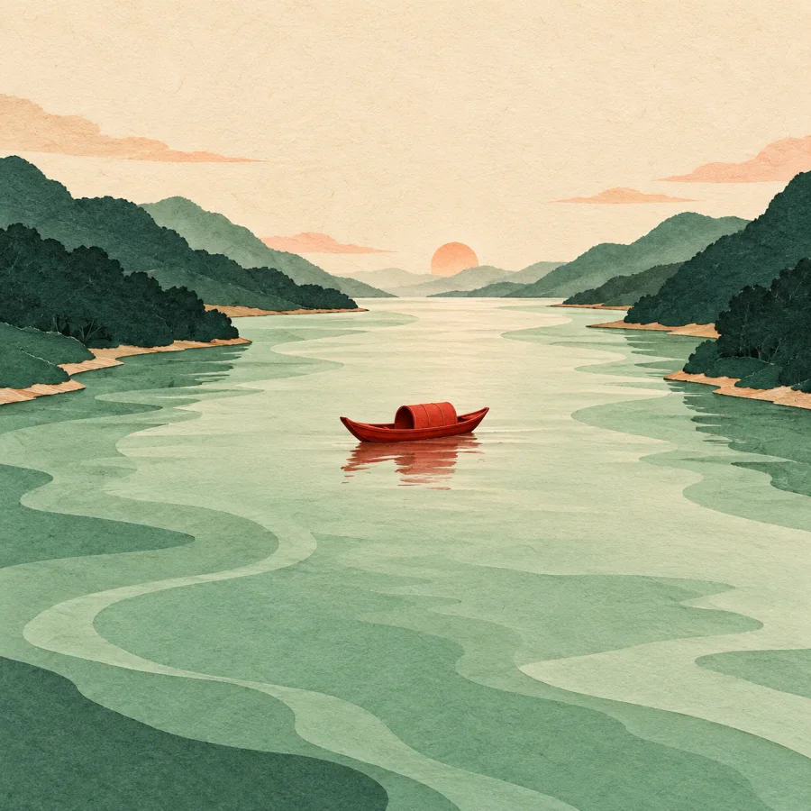 A small boat in the middle of a wide river