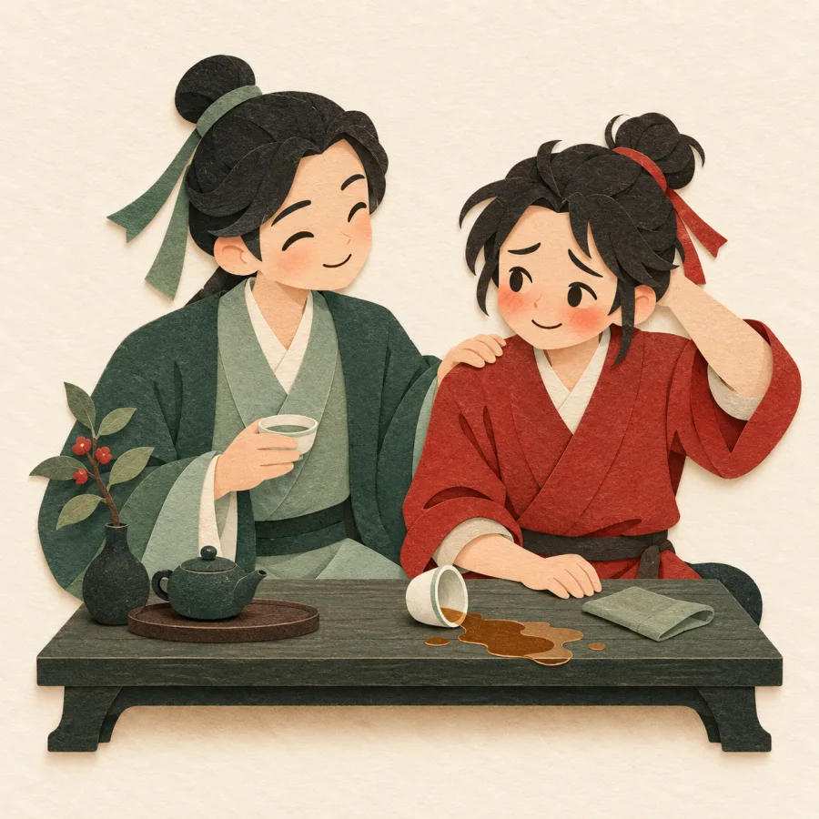 A person smiles at a friend who spilled tea