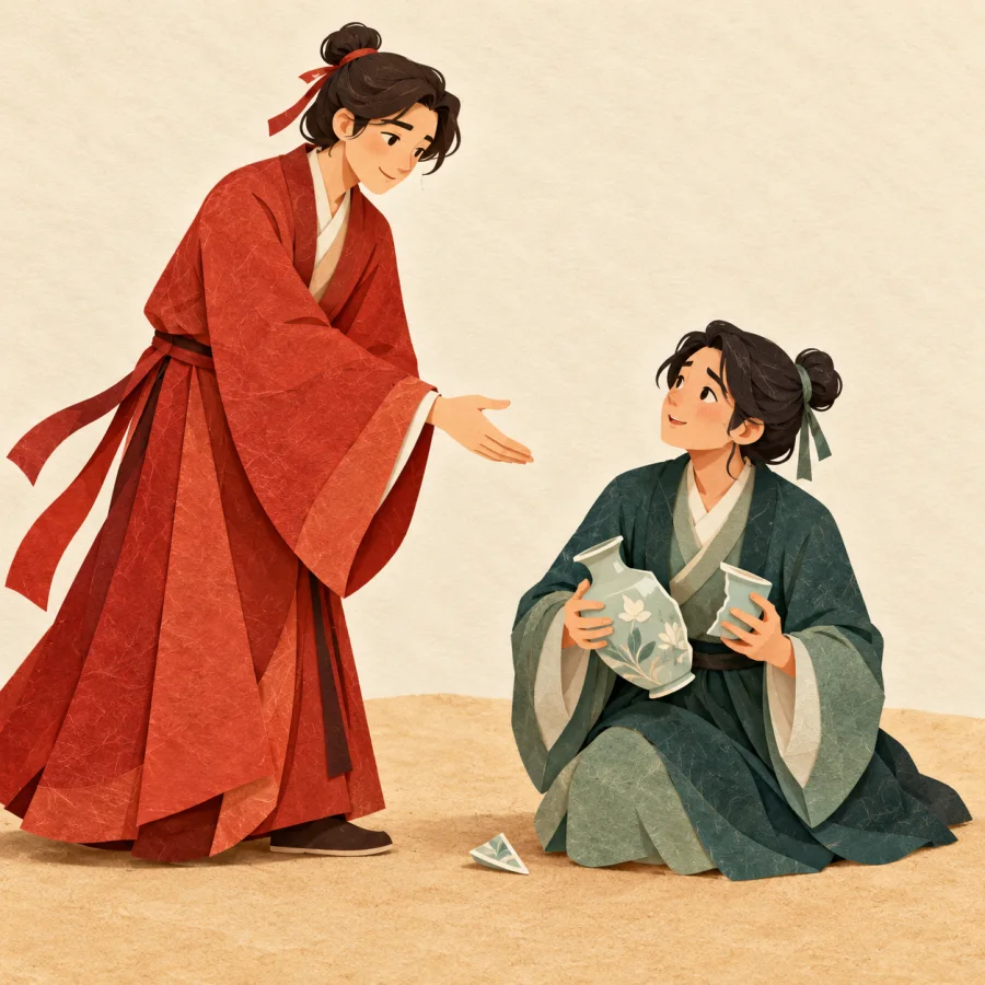 A person offers a hand to a friend holding a broken vase