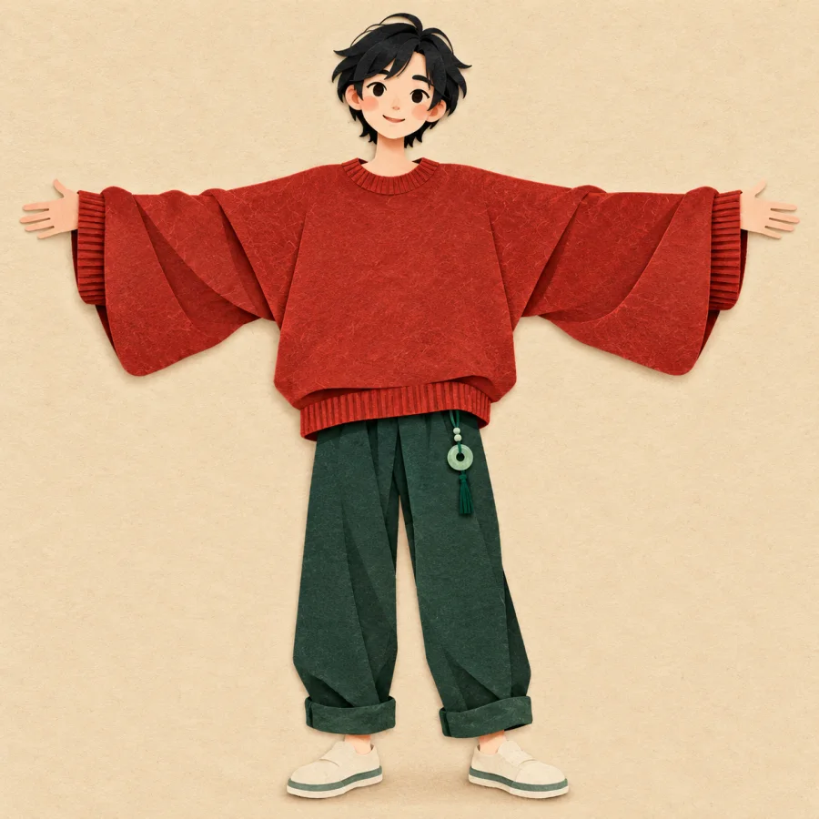 A person in a baggy red sweater stretches out their arms