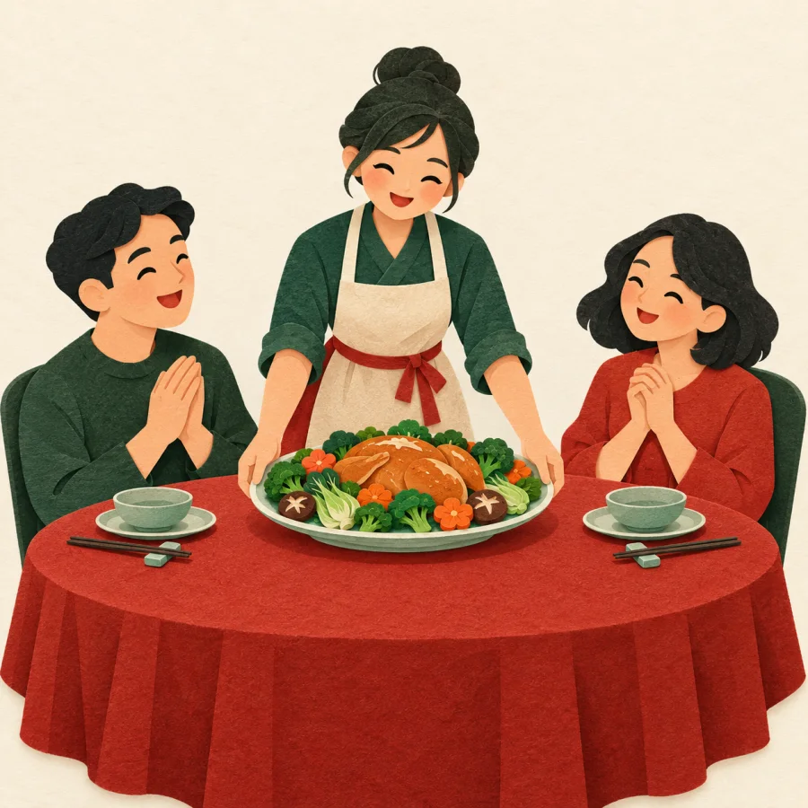 A host places a big dish before two guests