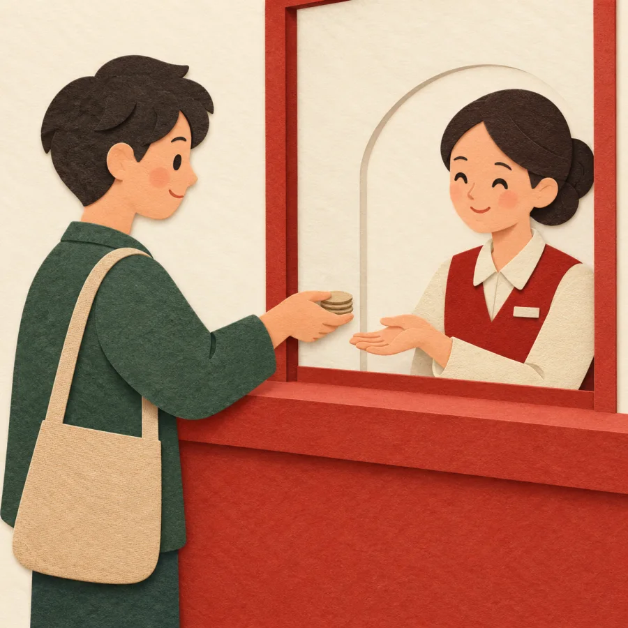 A person at a window hands a clerk a stack of coins