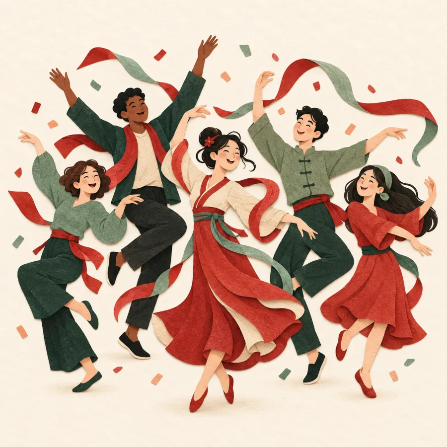 People dance with raised arms amid streamers
