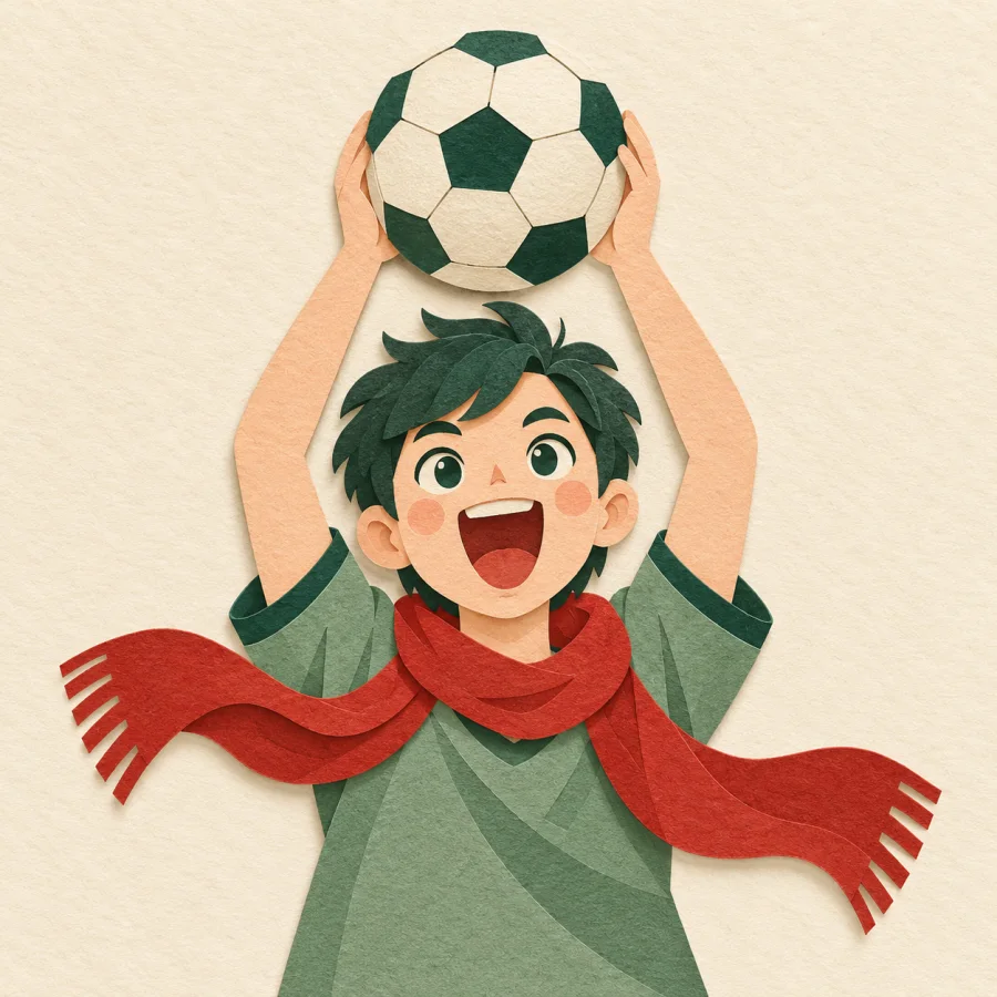 A fan in a red scarf shouts, holding a ball overhead
