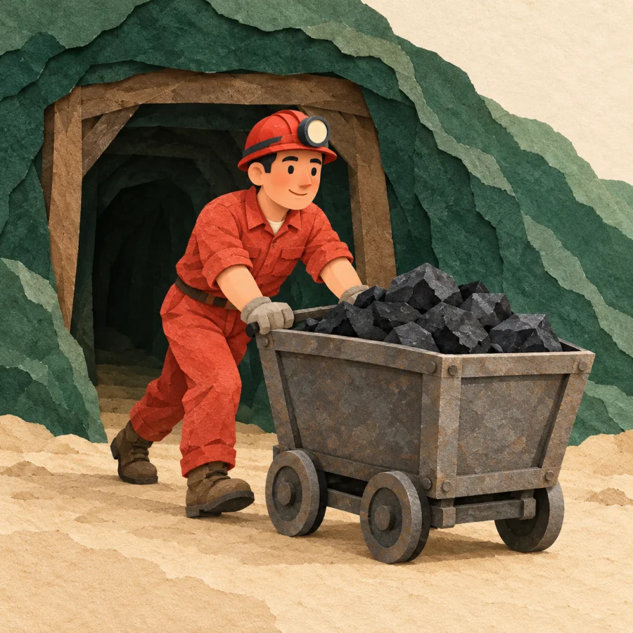 A miner pushes a cart of rocks out of a mine