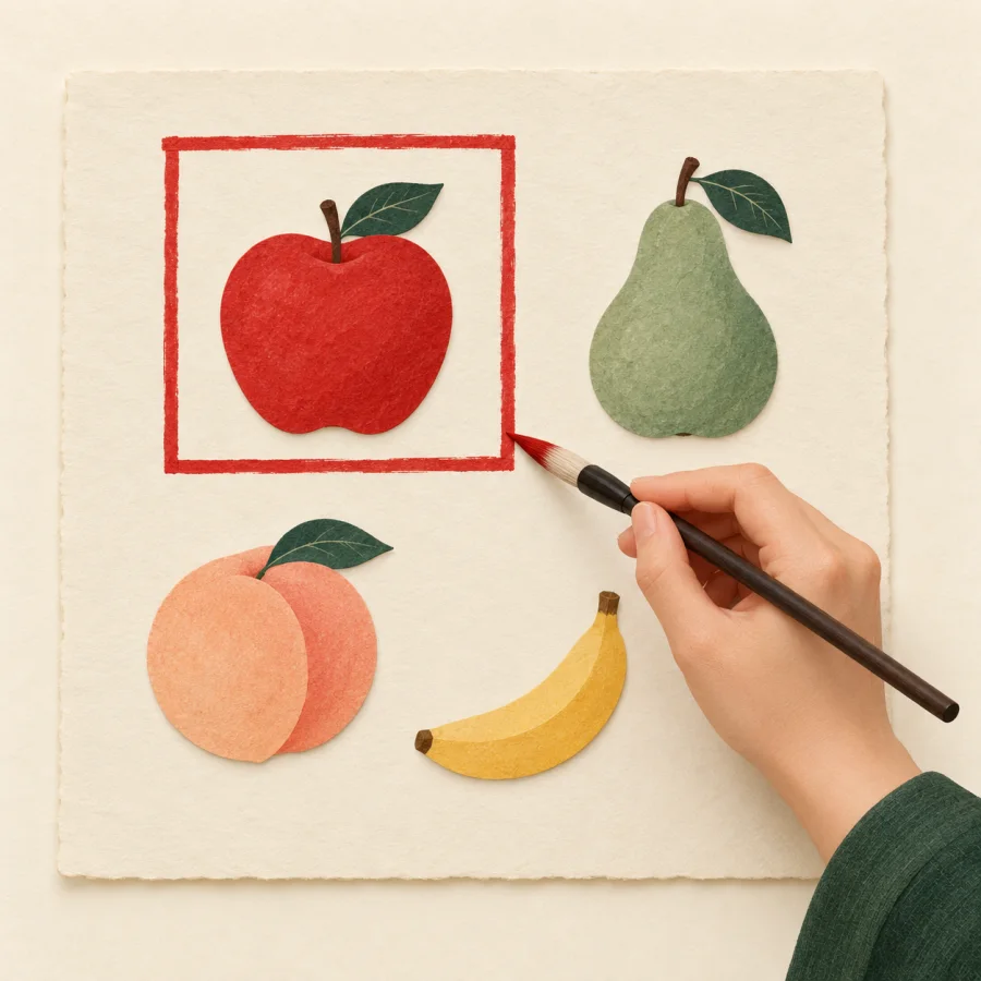 A person draws a red frame around one apple