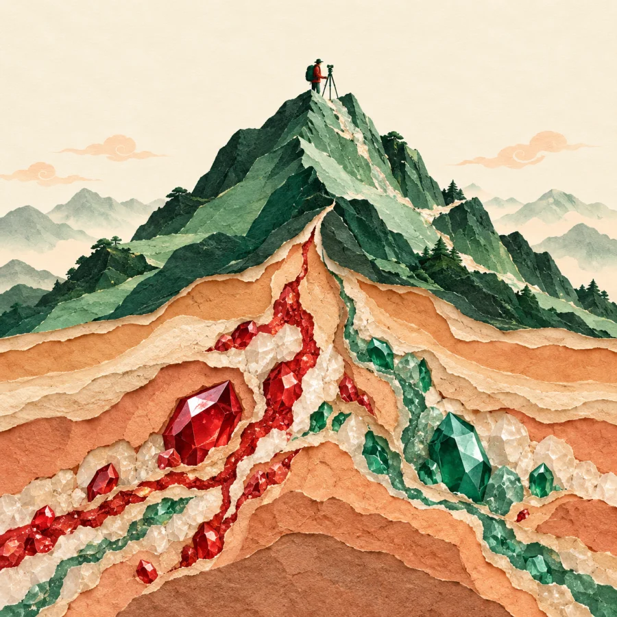 A cutaway of a mountain with gems and ore underground