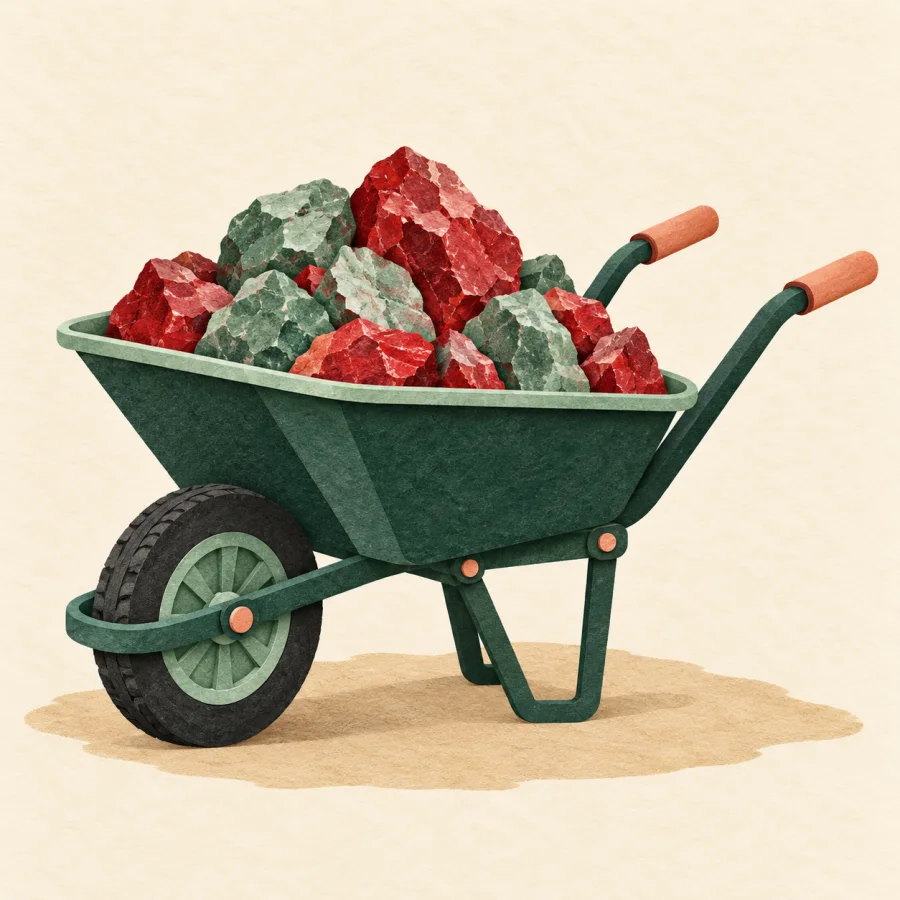 A wheelbarrow filled with chunks of colorful ore
