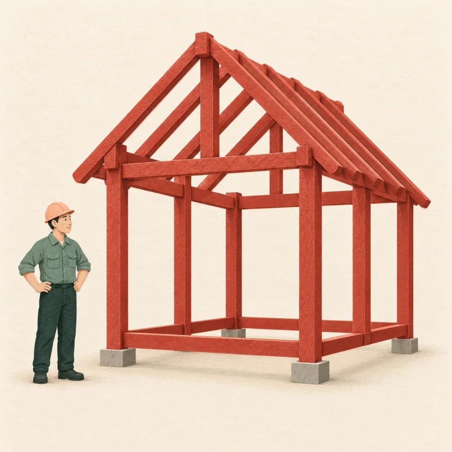 The bare frame of a house with a builder beside it