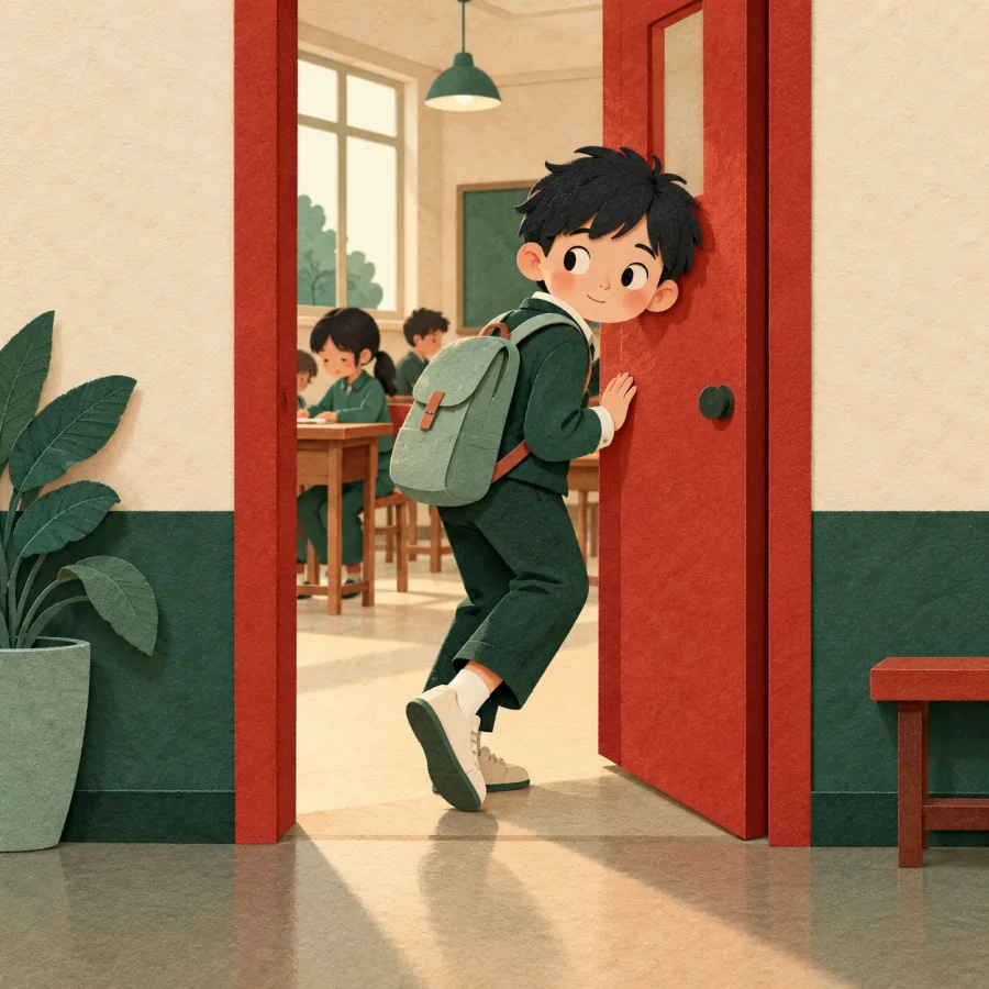 A student tiptoes out of a classroom with a backpack