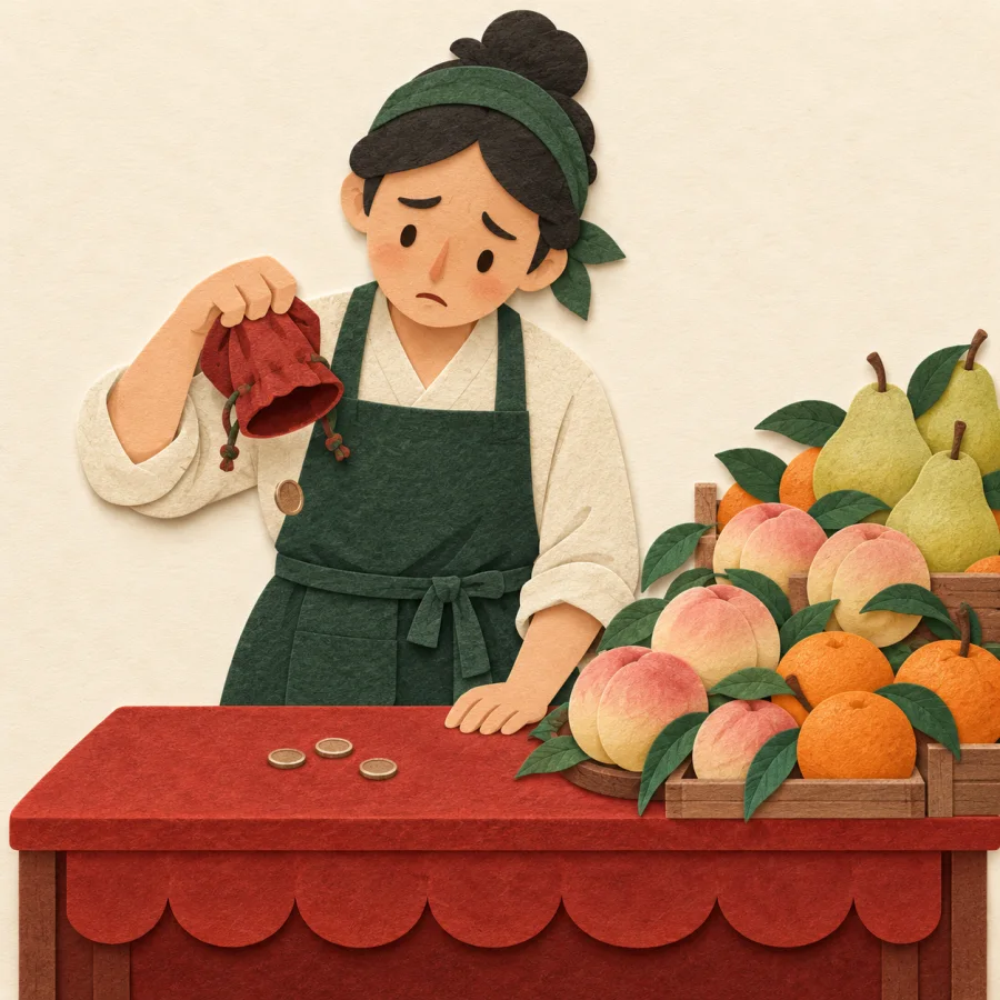 A shopkeeper holds an almost empty pouch by unsold fruit